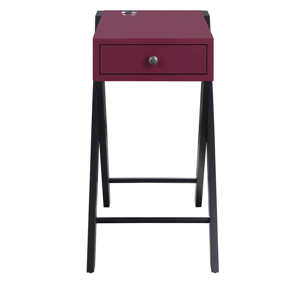 Wooden Frame Side Table with X Shaped Legs and 1 Drawer, Purple and Black - BM211109