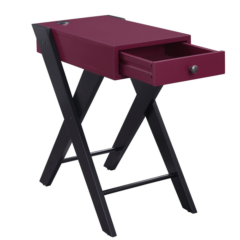 Wooden Frame Side Table with X Shaped Legs and 1 Drawer, Purple and Black - BM211109