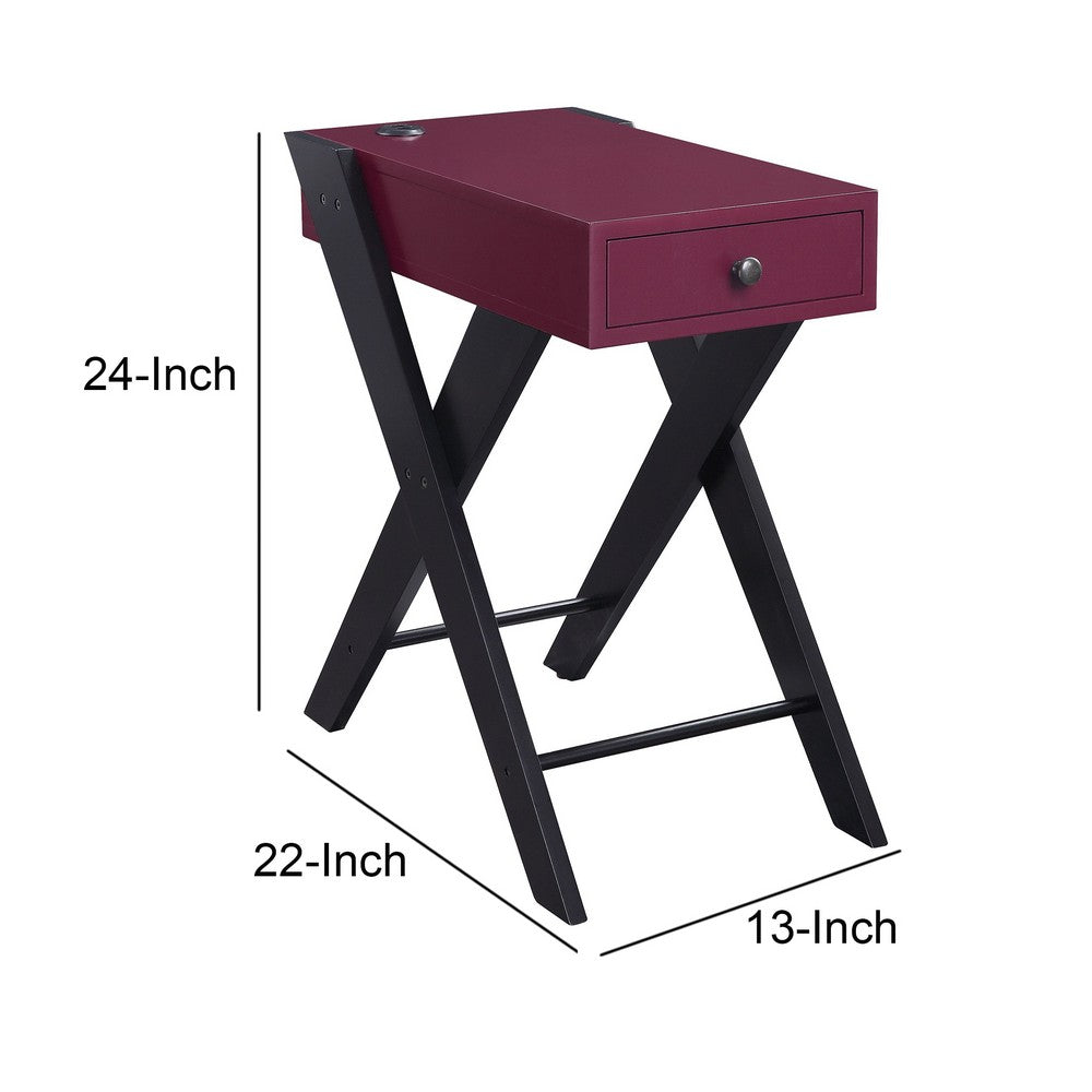 Wooden Frame Side Table with X Shaped Legs and 1 Drawer, Purple and Black - BM211109