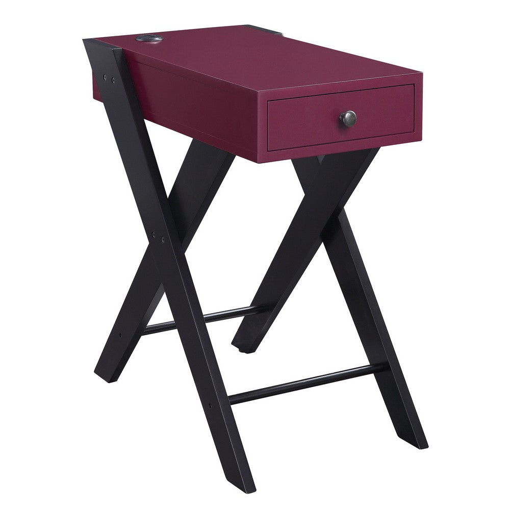 Wooden Frame Side Table with X Shaped Legs and 1 Drawer, Purple and Black - BM211109