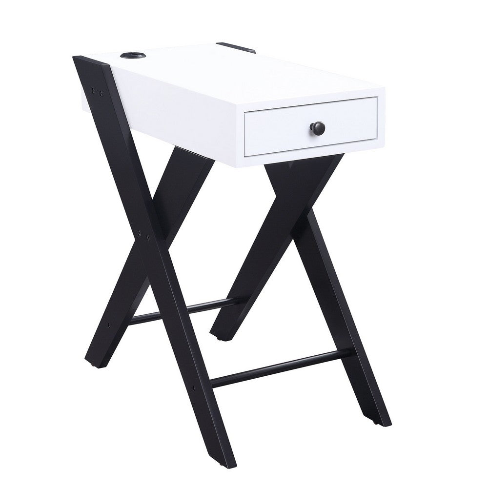 Wooden Frame Side Table with X Shaped Legs and 1 Drawer, White and Black - BM211110