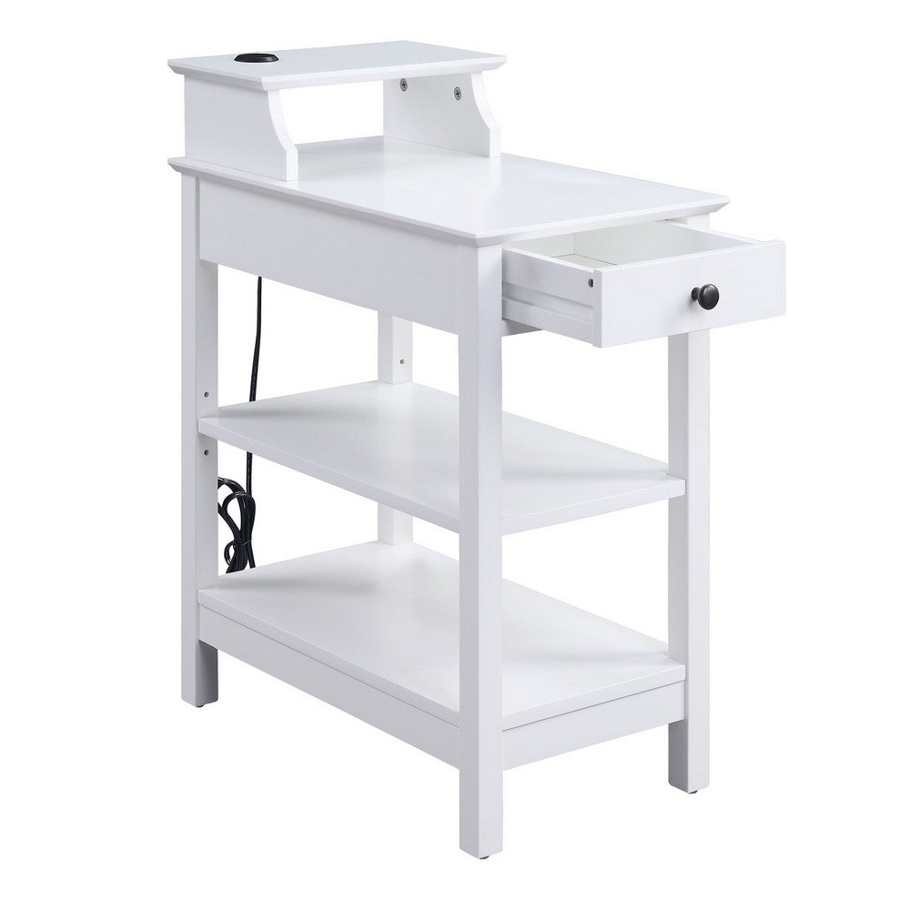 Wooden Frame Side Table with 3 Open Compartments and 1 Drawer, White - BM211112