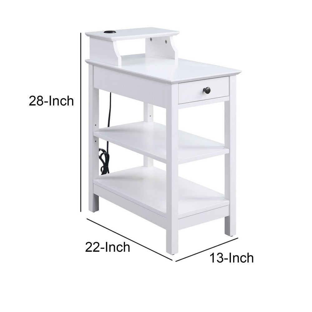 Wooden Frame Side Table with 3 Open Compartments and 1 Drawer, White - BM211112