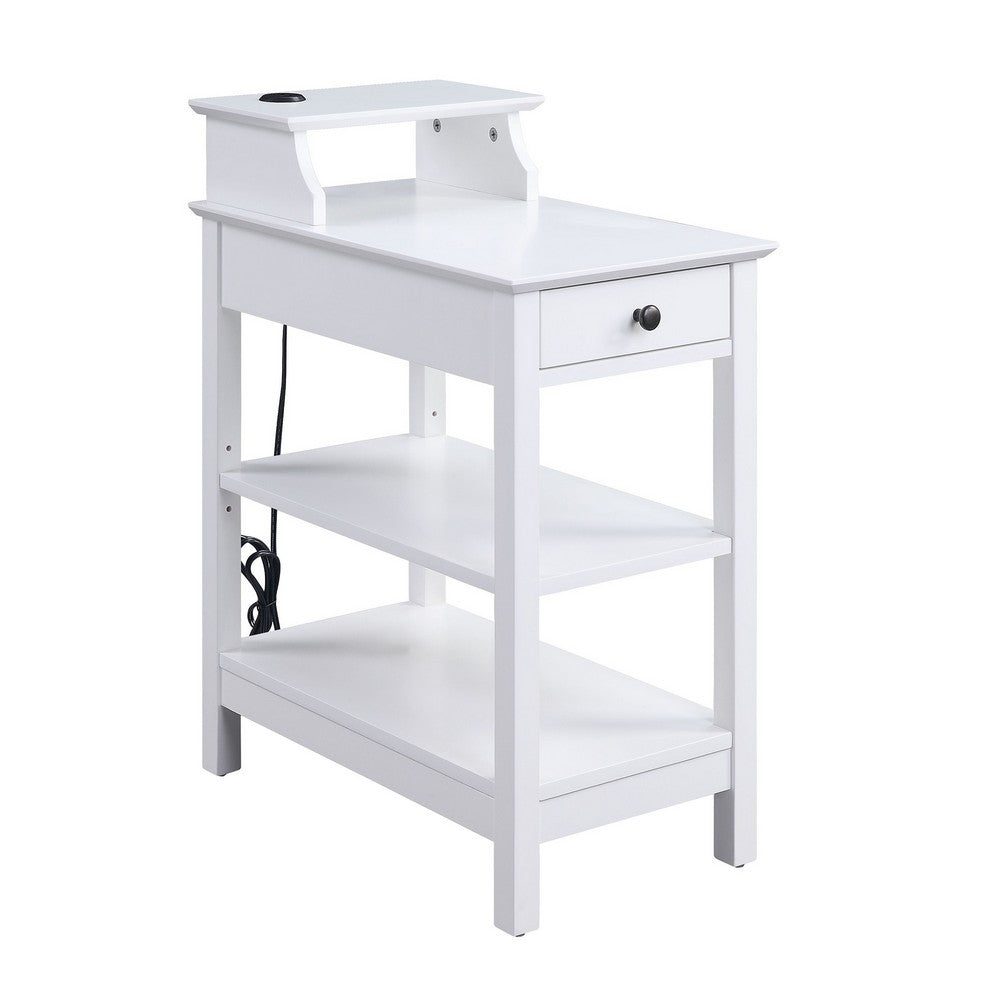 Wooden Frame Side Table with 3 Open Compartments and 1 Drawer, White - BM211112