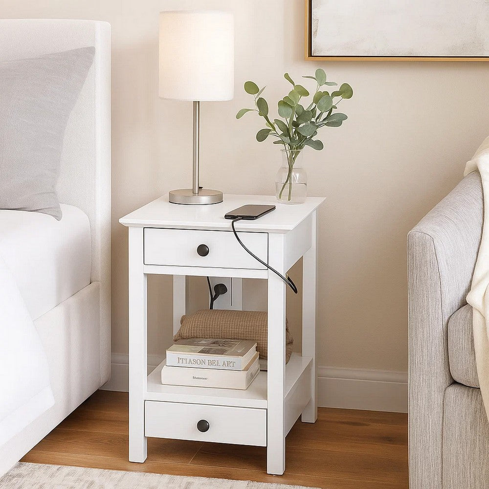 Wooden Frame Side Table with 2 Drawers and 1 Bottom Shelf, White - BM211113