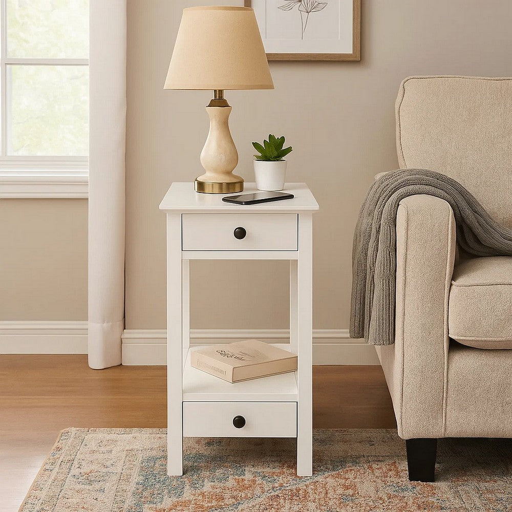 Wooden Frame Side Table with 2 Drawers and 1 Bottom Shelf, White - BM211113
