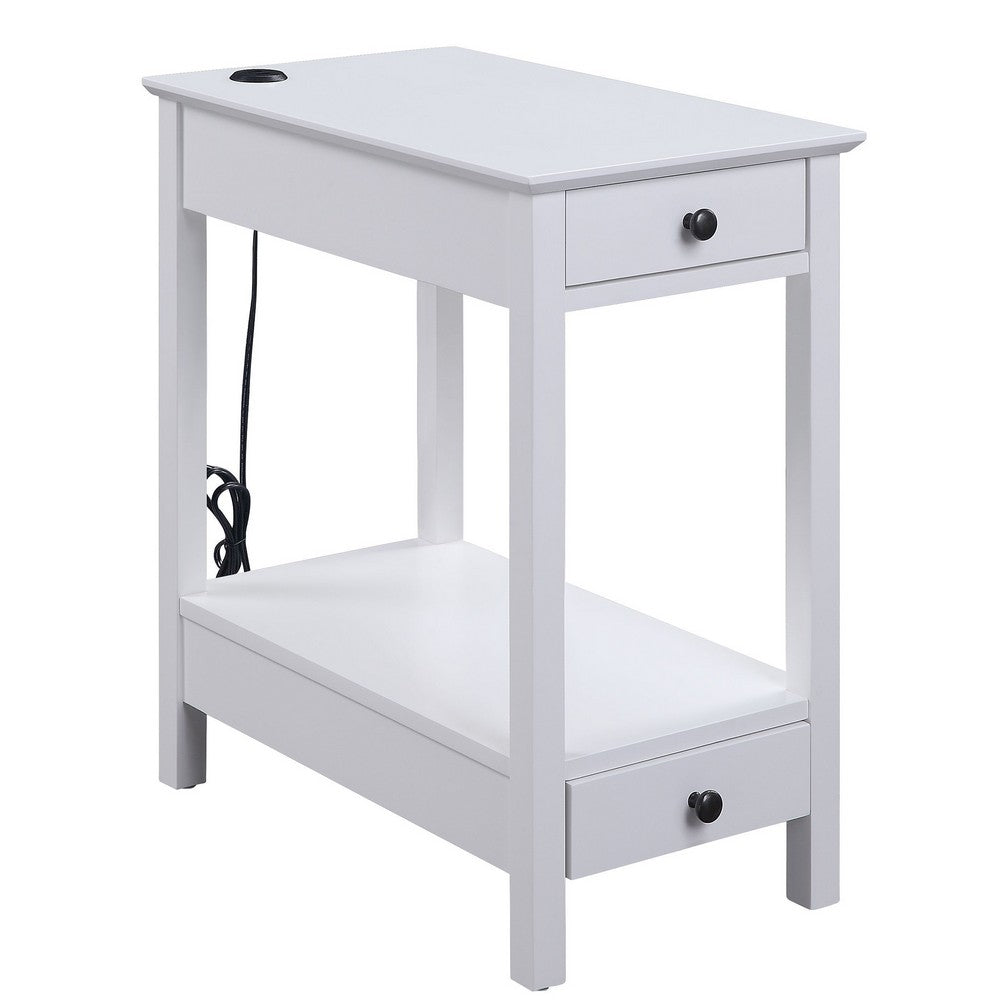 Wooden Frame Side Table with 2 Drawers and 1 Bottom Shelf, White - BM211113
