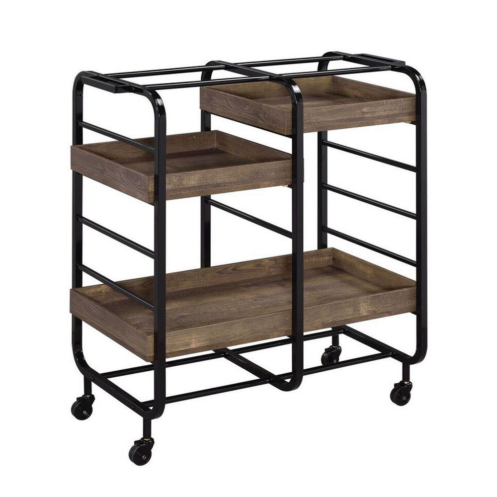 Metal Frame Serving Cart with 3 Open Storage and Casters, Brown and Black - BM211118