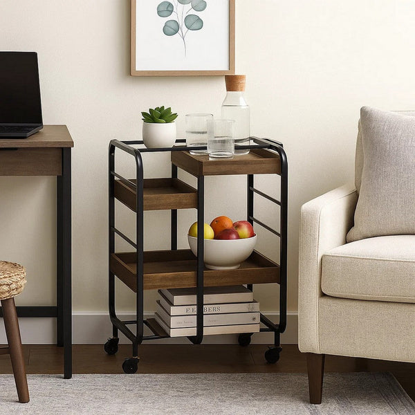 Metal Frame Serving Cart with 3 Open Storage and Casters, Brown and Black - BM211118