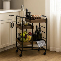 Metal Frame Serving Cart with 3 Open Storage and Casters, Brown and Black - BM211118