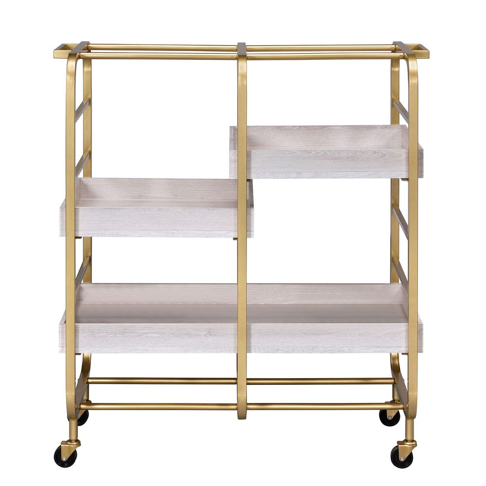 Metal Frame Serving Cart with Adjustable Compartments,Gold and Washed White - BM211119