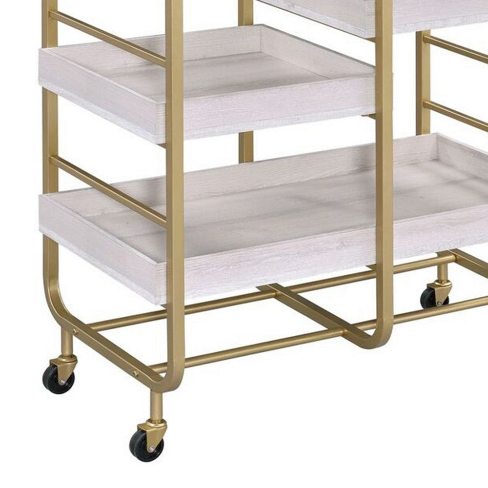 Metal Frame Serving Cart with Adjustable Compartments,Gold and Washed White - BM211119
