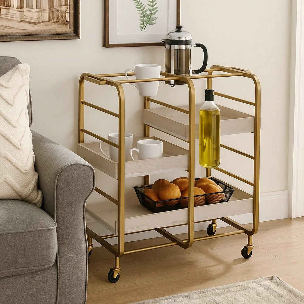 Metal Frame Serving Cart with Adjustable Compartments,Gold and Washed White - BM211119
