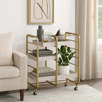 Metal Frame Serving Cart with Adjustable Compartments,Gold and Washed White - BM211119