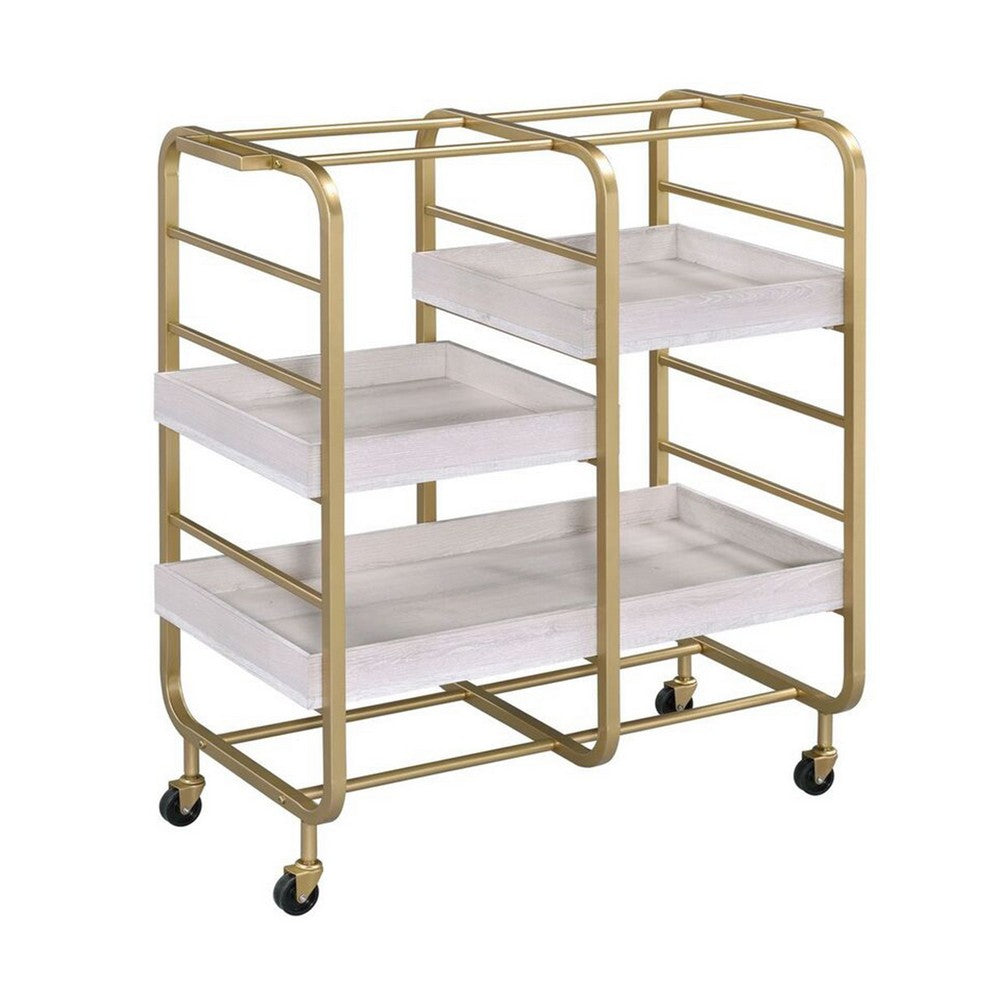 Metal Frame Serving Cart with Adjustable Compartments,Gold and Washed White - BM211119