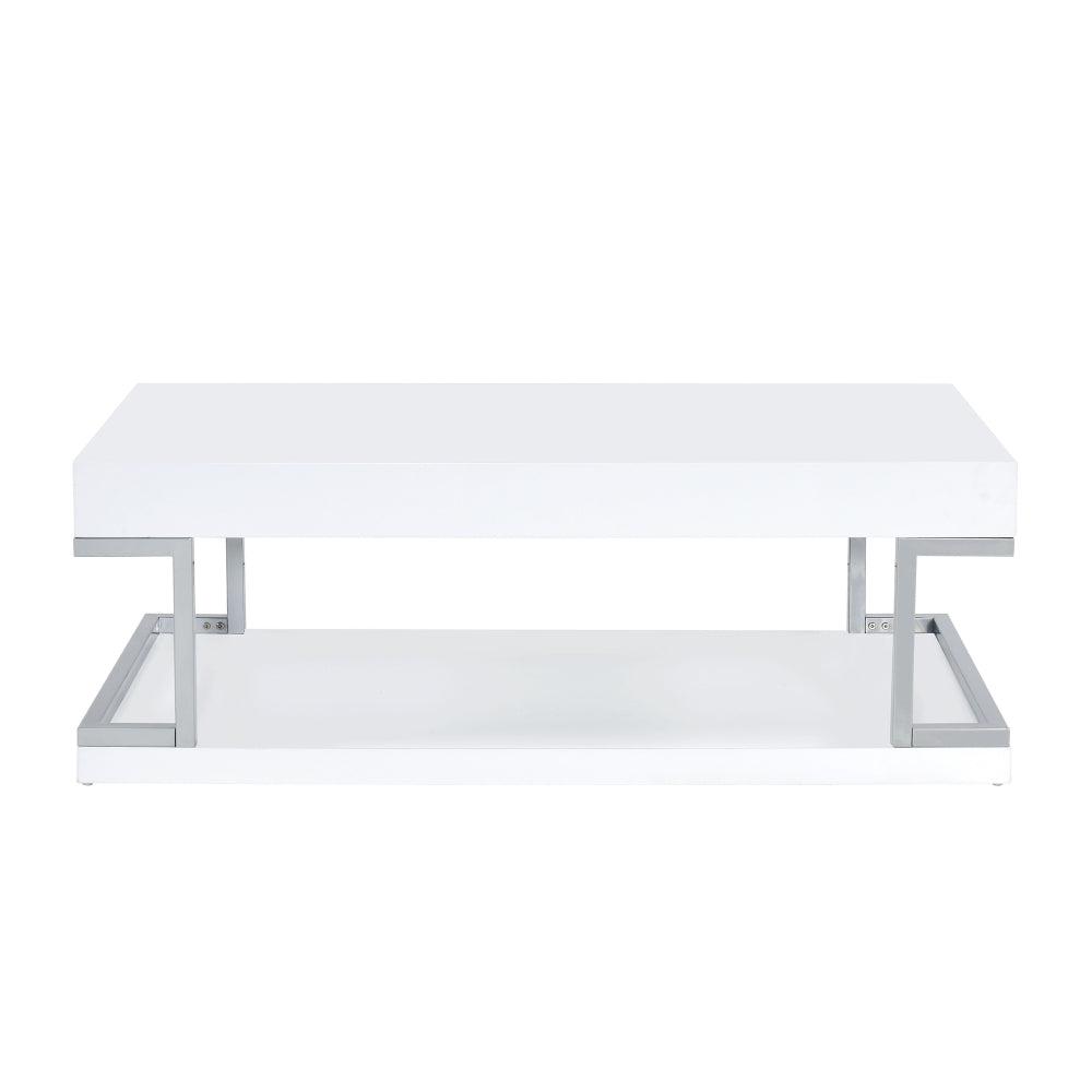 High Gloss Contemporary Coffee Table with Bottom Shelf in White and Silver - BM211121