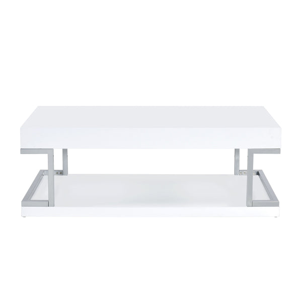 High Gloss Contemporary Coffee Table with Bottom Shelf in White and Silver - BM211121