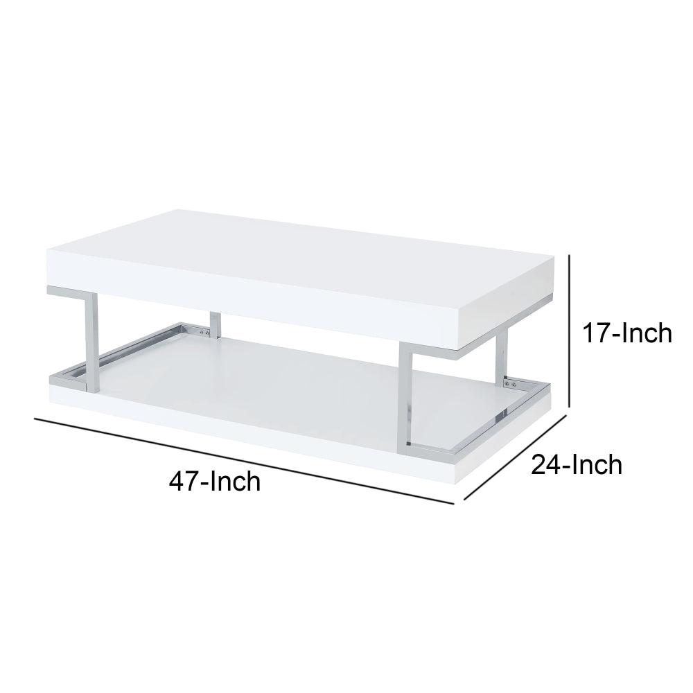 High Gloss Contemporary Coffee Table with Bottom Shelf in White and Silver - BM211121