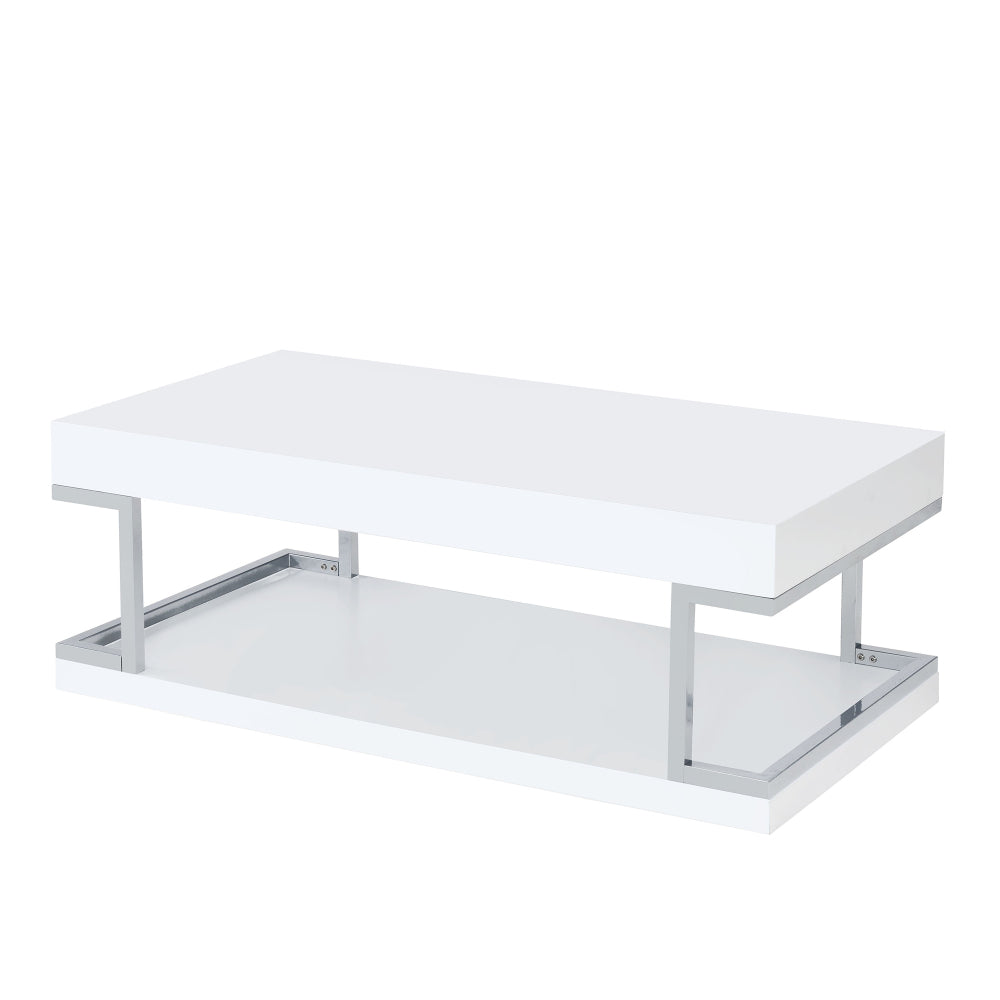 High Gloss Contemporary Coffee Table with Bottom Shelf in White and Silver - BM211121