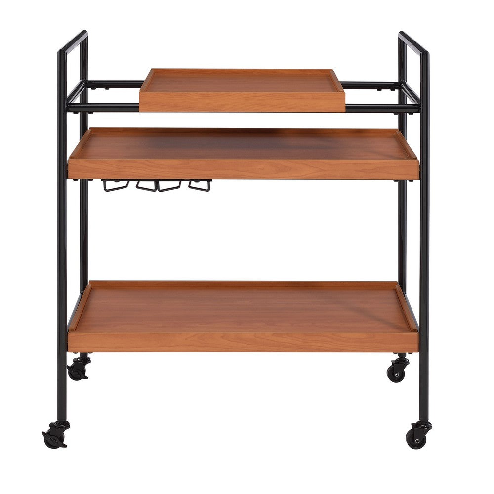 Metal Frame Serving Cart with Adjustable Compartments, Oak Brown and Black - BM211124