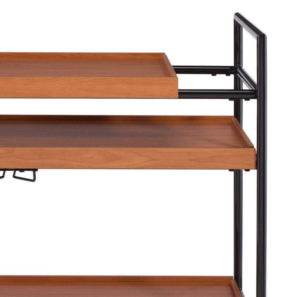 Metal Frame Serving Cart with Adjustable Compartments, Oak Brown and Black - BM211124