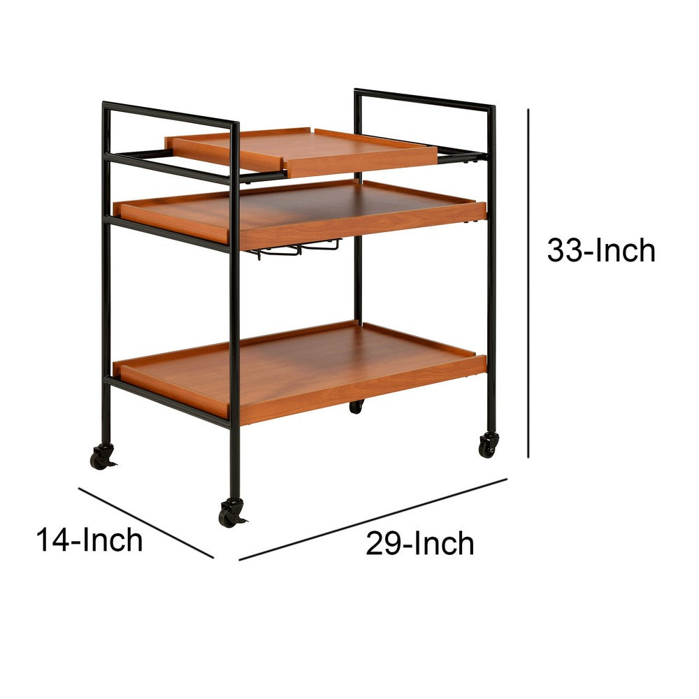 Metal Frame Serving Cart with Adjustable Compartments, Oak Brown and Black - BM211124