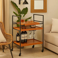 Metal Frame Serving Cart with Adjustable Compartments, Oak Brown and Black - BM211124