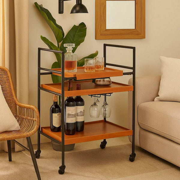 Metal Frame Serving Cart with Adjustable Compartments, Oak Brown and Black - BM211124