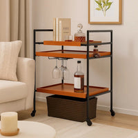 Metal Frame Serving Cart with Adjustable Compartments, Oak Brown and Black - BM211124