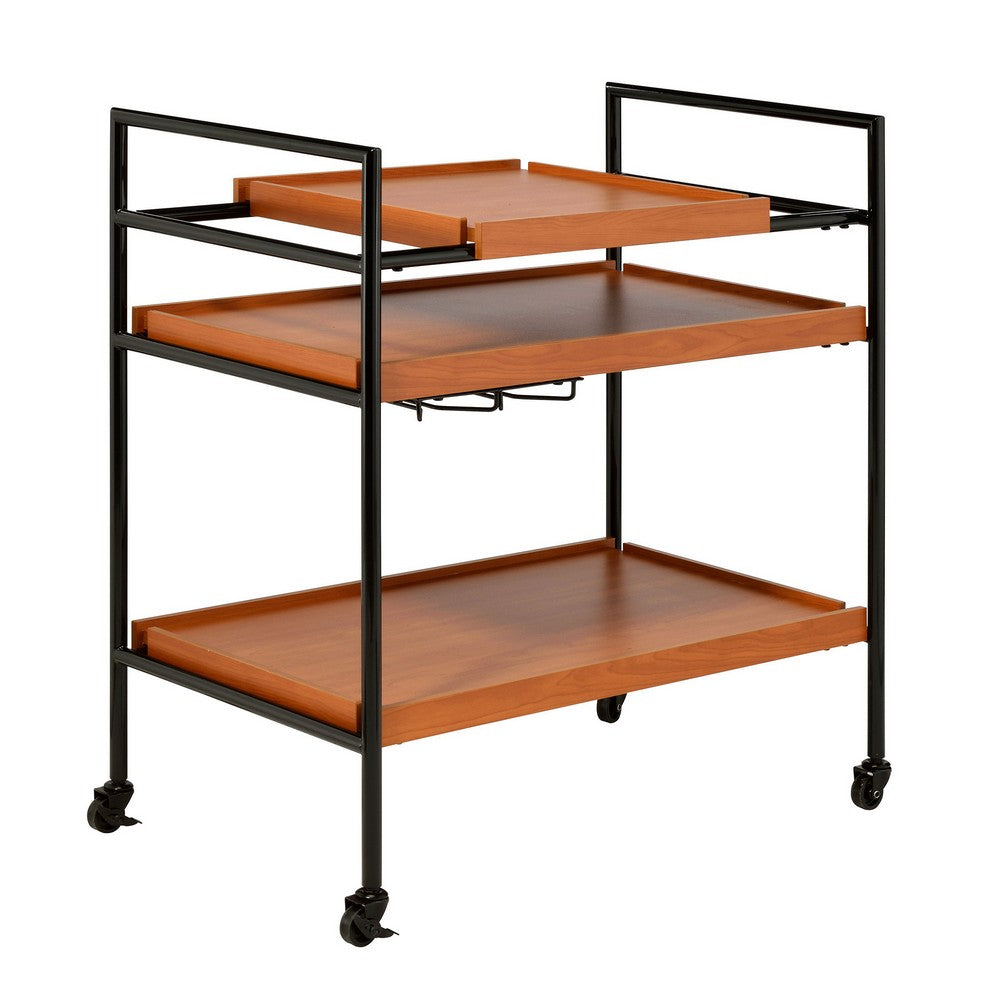 Metal Frame Serving Cart with Adjustable Compartments, Oak Brown and Black - BM211124