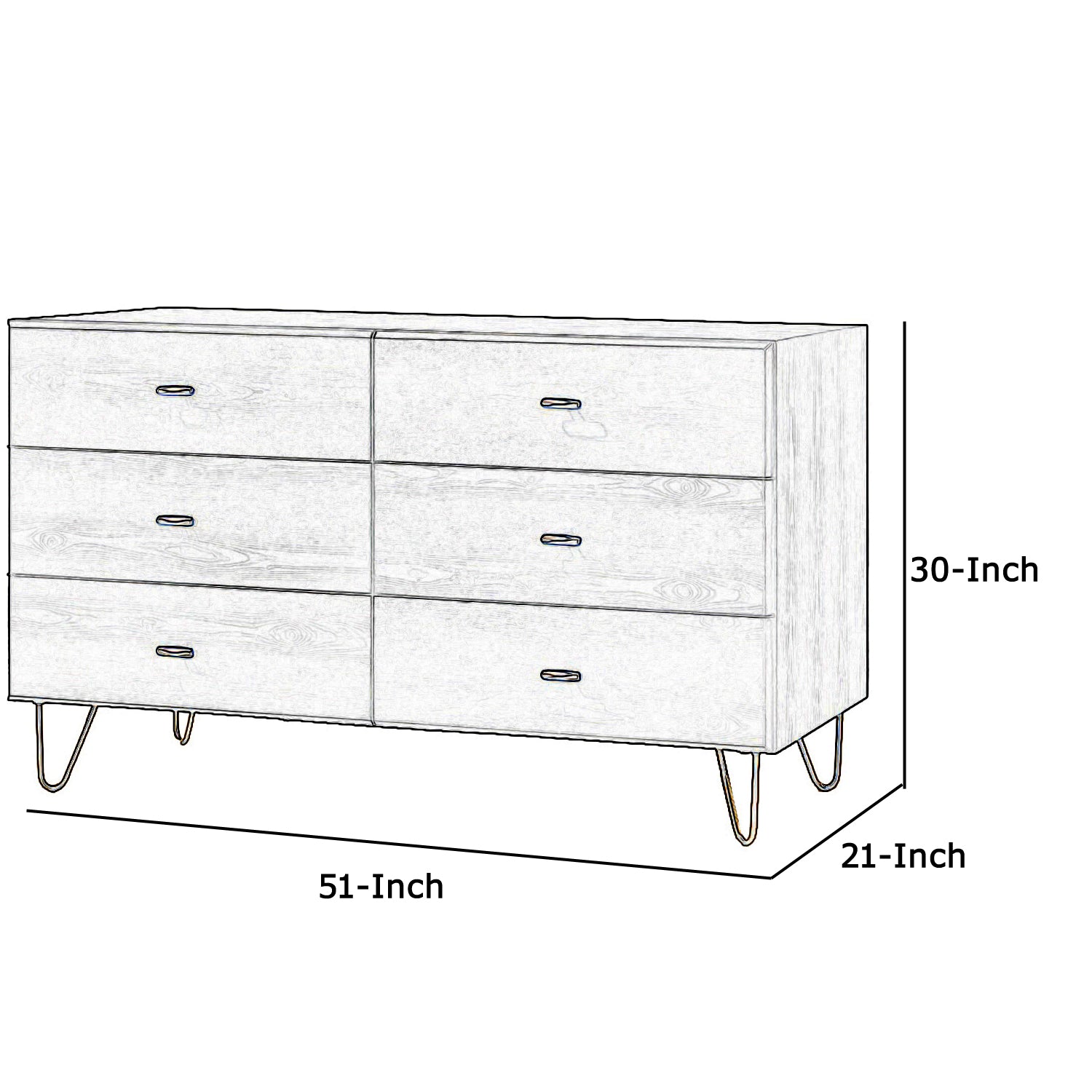 Benjara Wooden Dresser with 6 Drawers and Metal Hairpin Legs