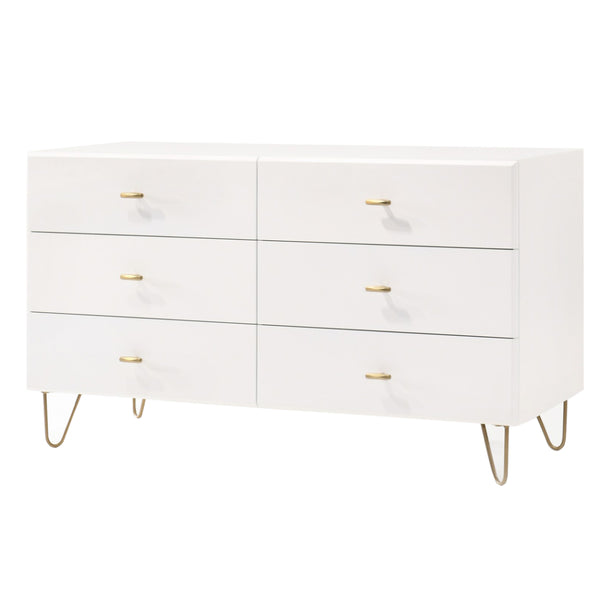 6 Drawer Wooden Dresser with Metal Hairpin Legs, White and Gold - BM211214