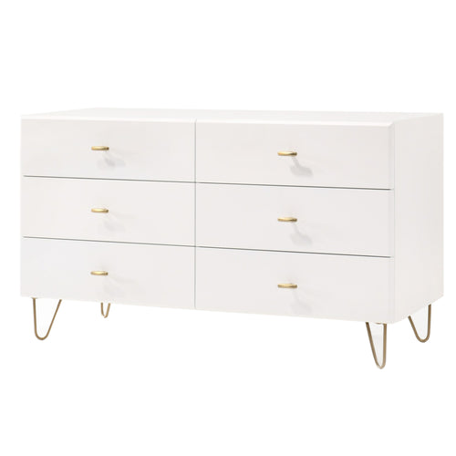 Benjara 6 Drawer Wooden Dresser with Metal Hairpin Legs, White and Gold