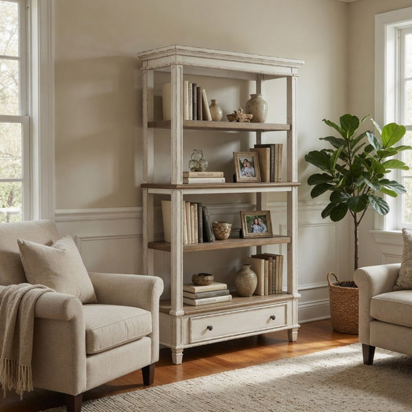 Wooden Bookcase with 4 Tier Shelves and Bottom Drawer in Brown and White - BM213228