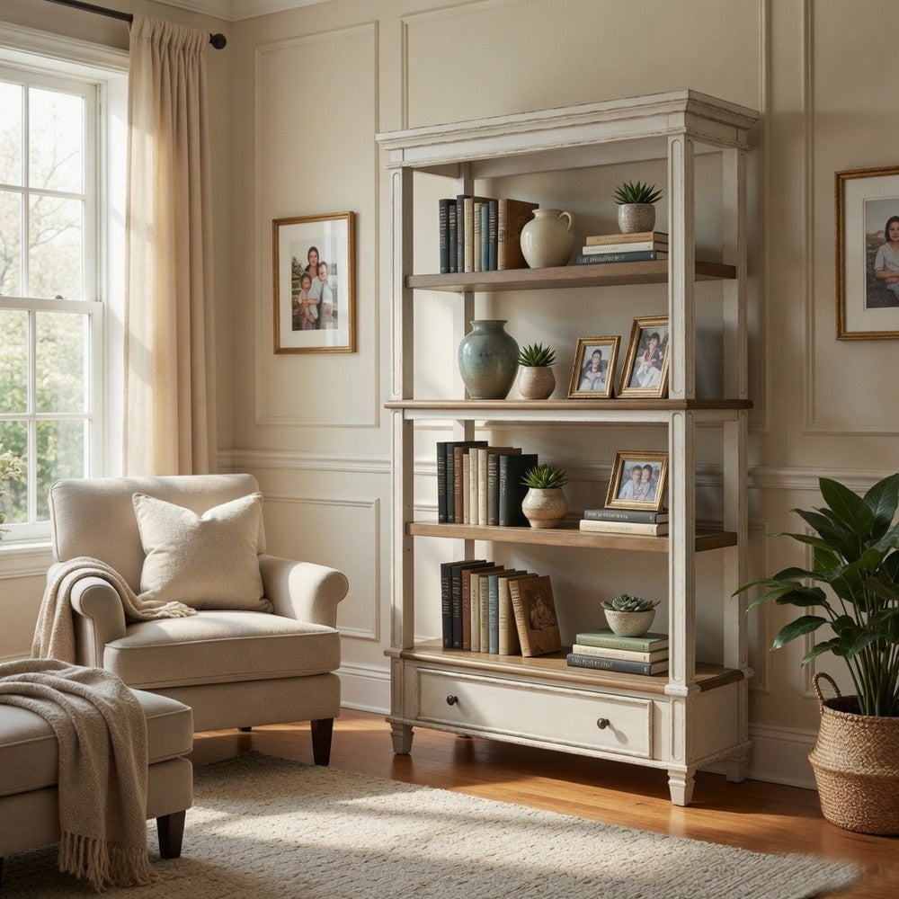 Wooden Bookcase with 4 Tier Shelves and Bottom Drawer in Brown and White - BM213228