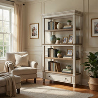 Wooden Bookcase with 4 Tier Shelves and Bottom Drawer in Brown and White - BM213228