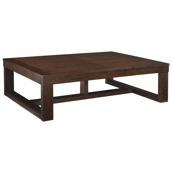 Grained Wooden Frame Cocktail Table with Trestle Base in Dark Brown - BM213239