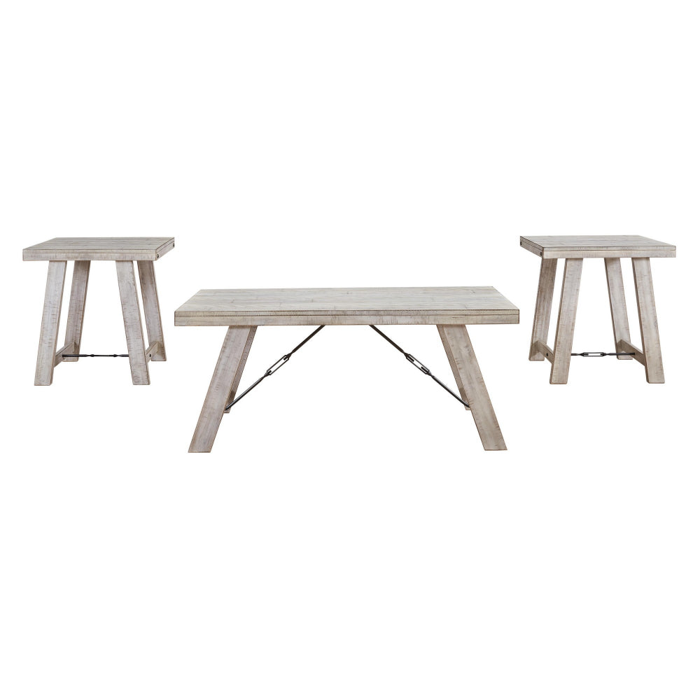 Wooden Table Set with Canted Legs and Tension Bars in Washed White - BM213278