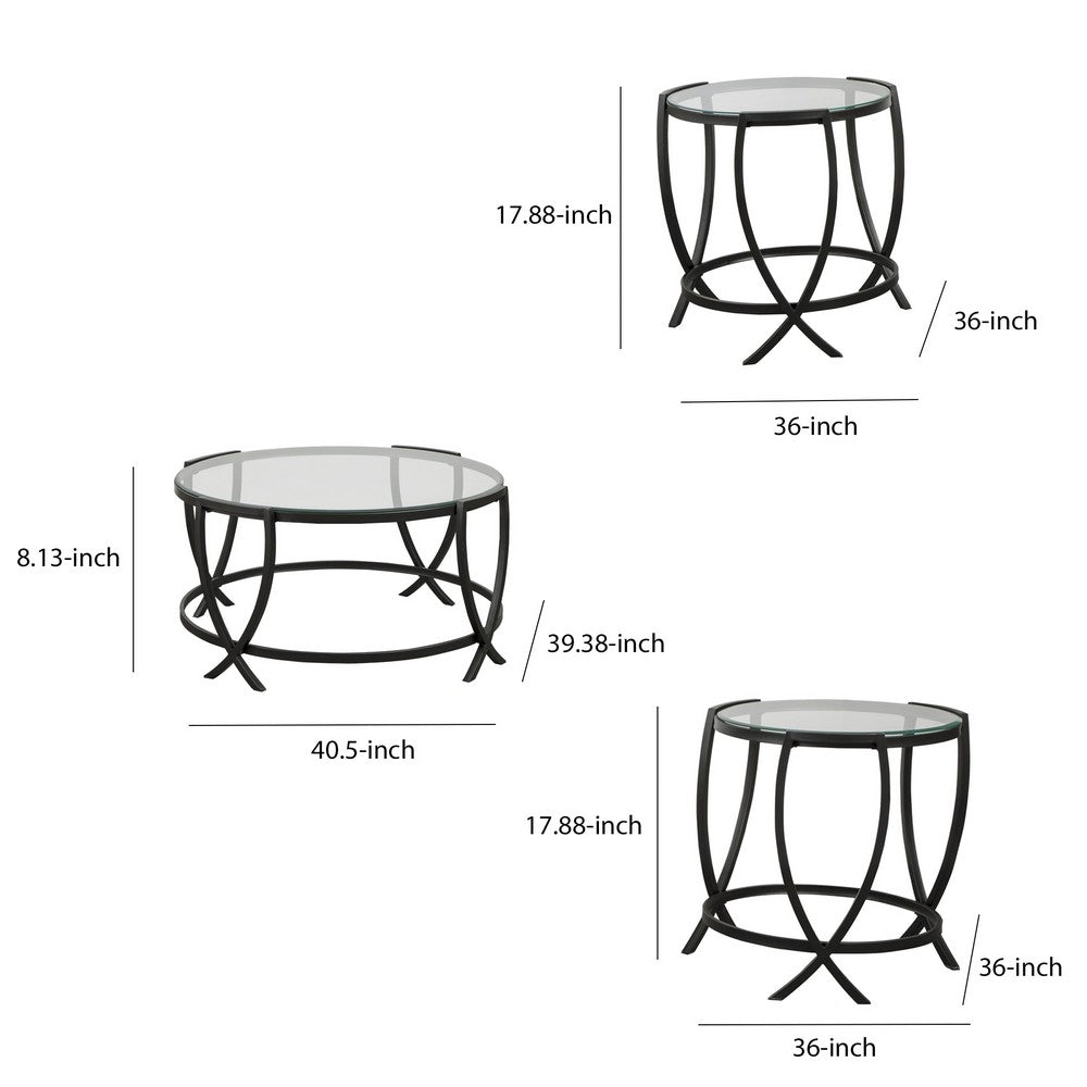 Contemporary Round Table Set with Glass Top and Geometric Metal Body in Black - BM213280