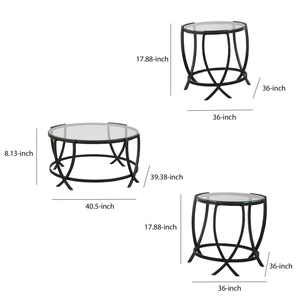Contemporary Round Table Set with Glass Top and Geometric Metal Body in Black - BM213280