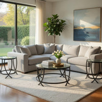 Contemporary Round Table Set with Glass Top and Geometric Metal Body in Black - BM213280