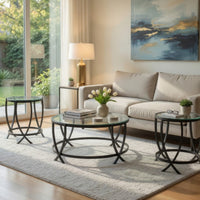 Contemporary Round Table Set with Glass Top and Geometric Metal Body in Black - BM213280