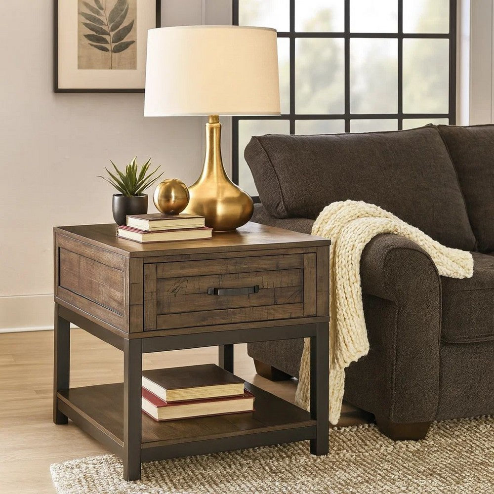 Two Tone Wooden End Table with 1 Drawer and Metal Base in Brown and Black - BM213288