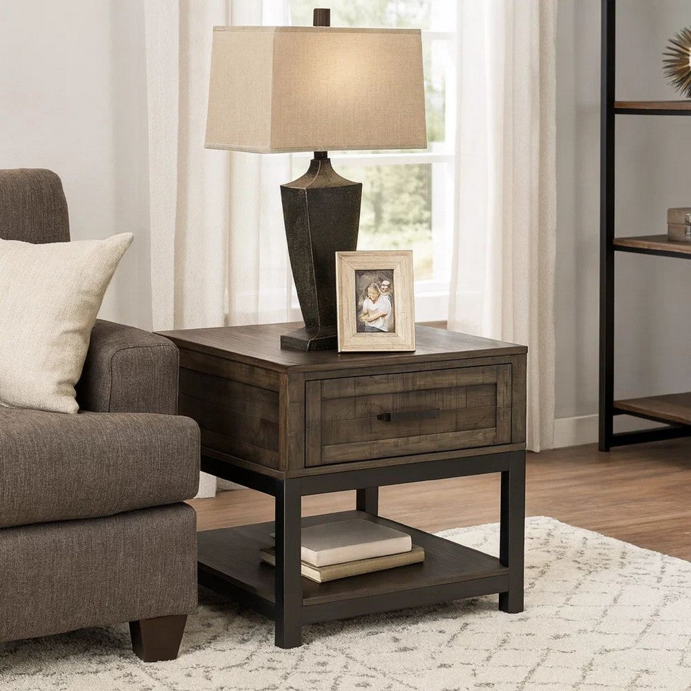 Two Tone Wooden End Table with 1 Drawer and Metal Base in Brown and Black - BM213288