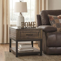 Two Tone Wooden End Table with 1 Drawer and Metal Base in Brown and Black - BM213288