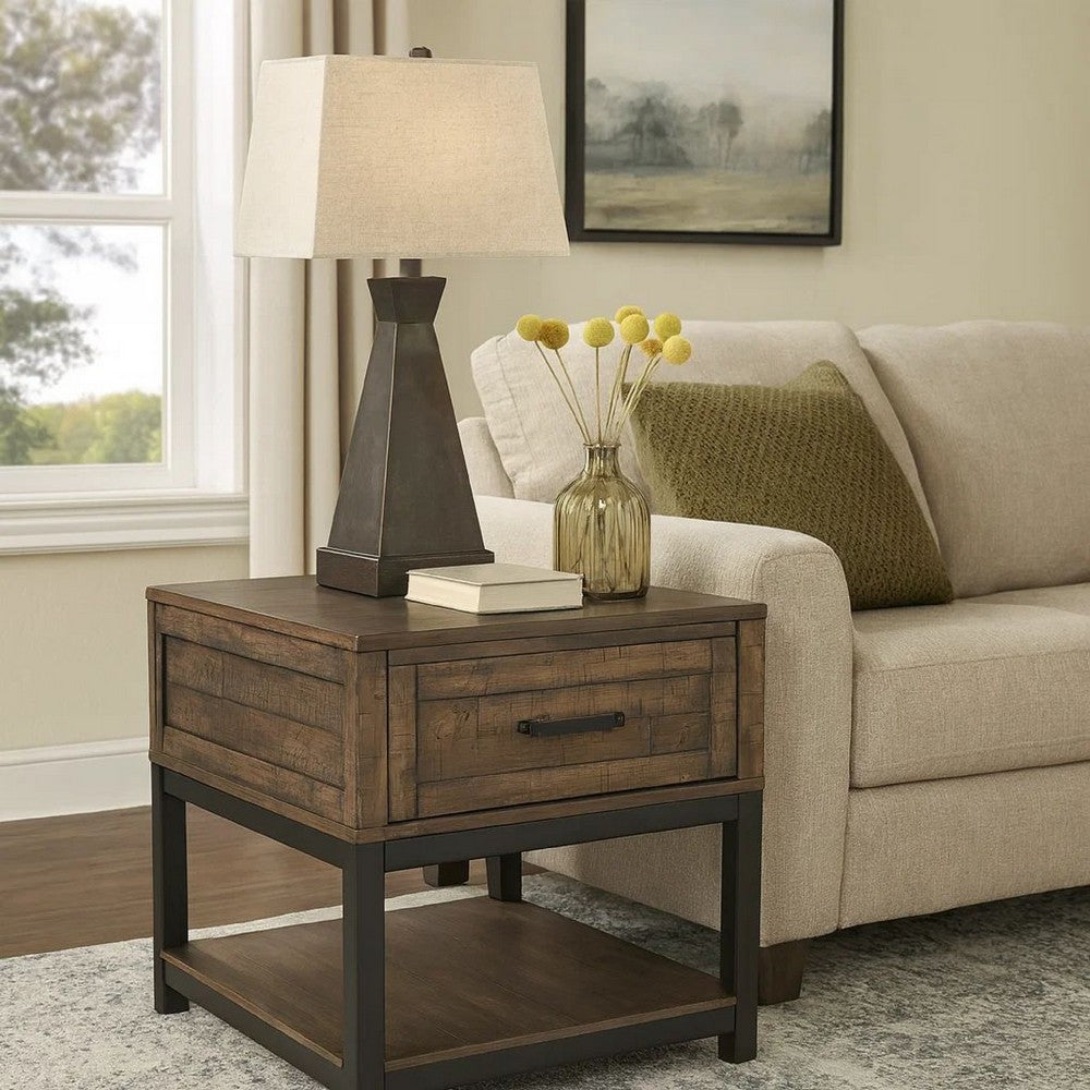 Two Tone Wooden End Table with 1 Drawer and Metal Base in Brown and Black - BM213288