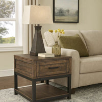 Two Tone Wooden End Table with 1 Drawer and Metal Base in Brown and Black - BM213288