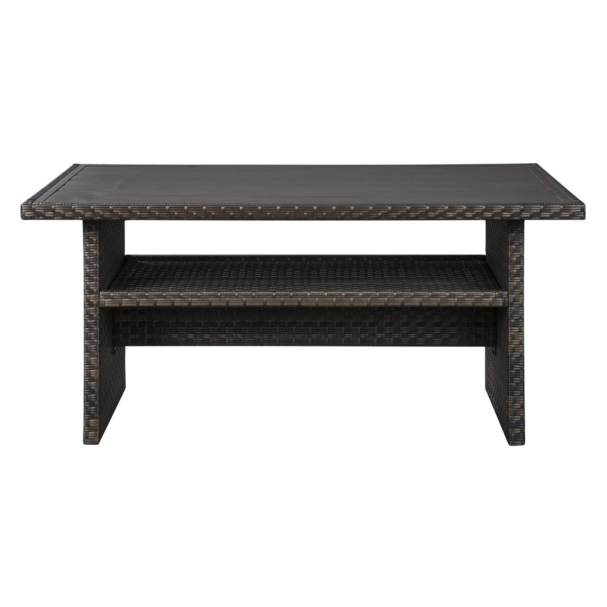 Rectangular Wicker Woven Aluminum Frame Table with Open Shelf, Dark Brown