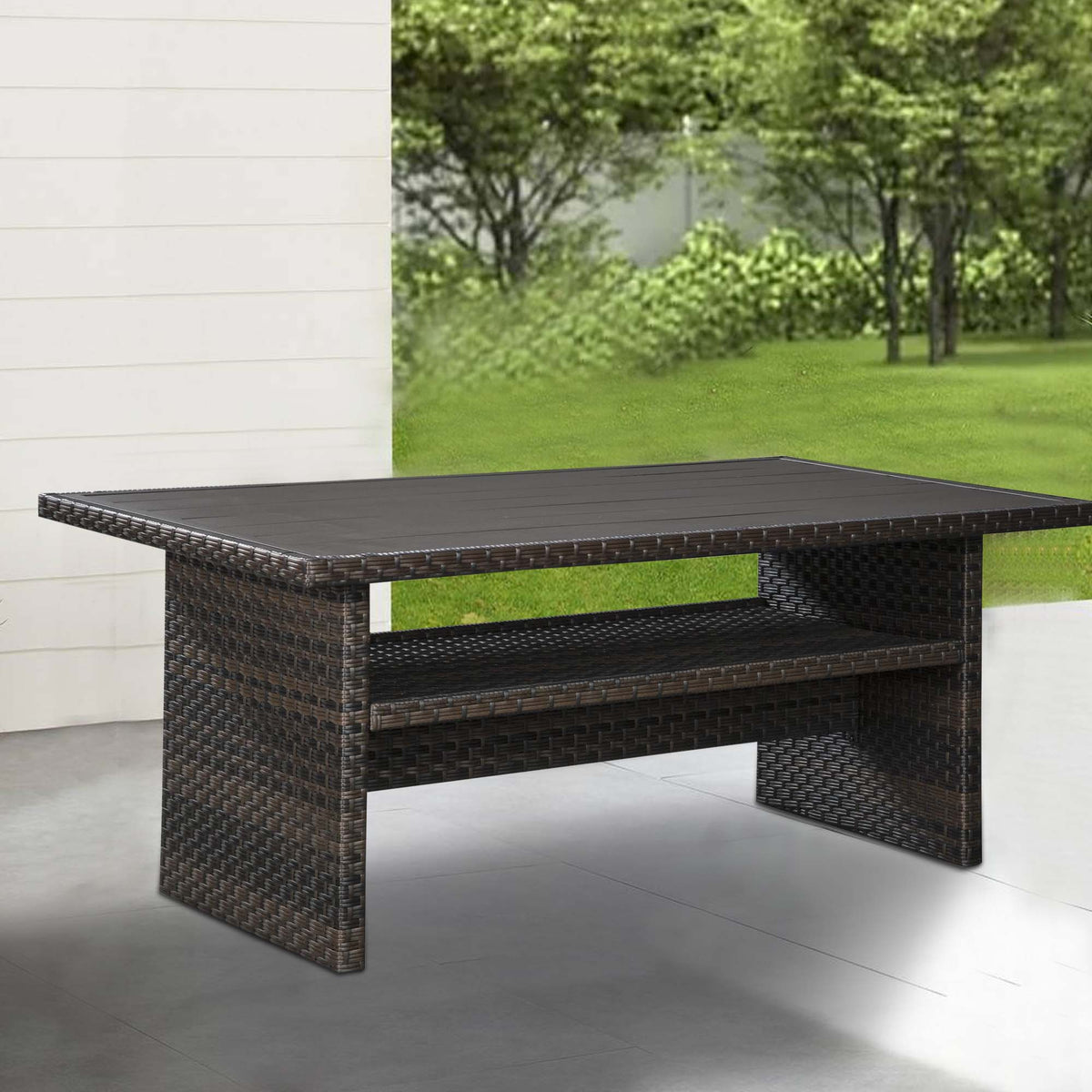 Rectangular Wicker Woven Aluminum Frame Table with Open Shelf, Dark Brown