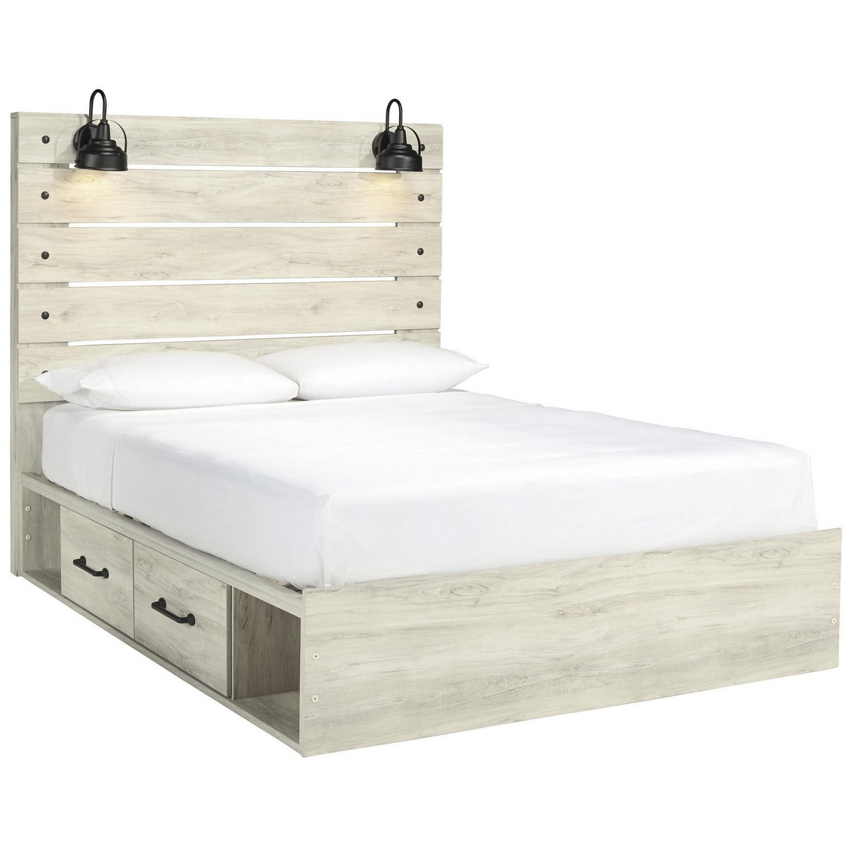 Transitional Wooden Queen Panel Headboard with Slated Design and Lamp, White  - BM213292